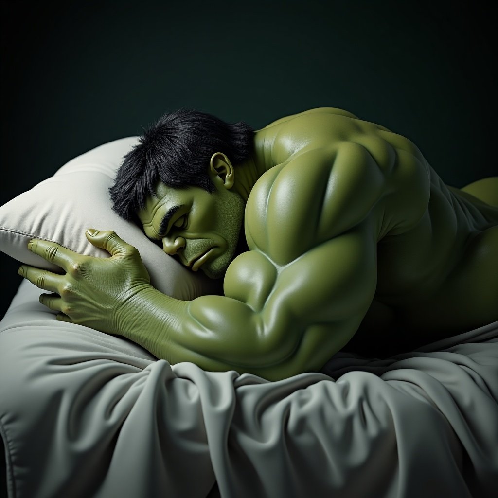 The Hulk sleeps on a soft pillow. The environment is calm and serene. Large green figure appears relaxed. Massive arms hug the pillow. The pillow looks high-quality and fluffy. Dark background emphasizes the subject. The theme is stress relief and relaxation.