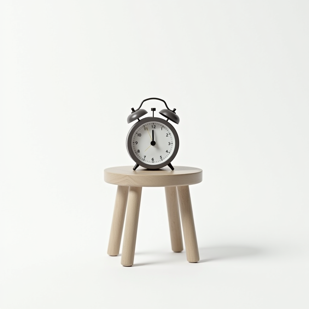 A classic alarm clock sits atop a minimalist wooden stool against a plain white background, highlighting elegance and simplicity.