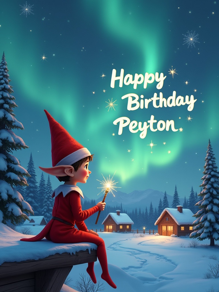 An elf gazes at a magical sky. The elf wears a red outfit with a pointed hat. The elf holds a sparkling wand. The sky displays 'Happy Birthday Peyton'. The background has a snowy landscape with houses and evergreen trees under Northern Lights.