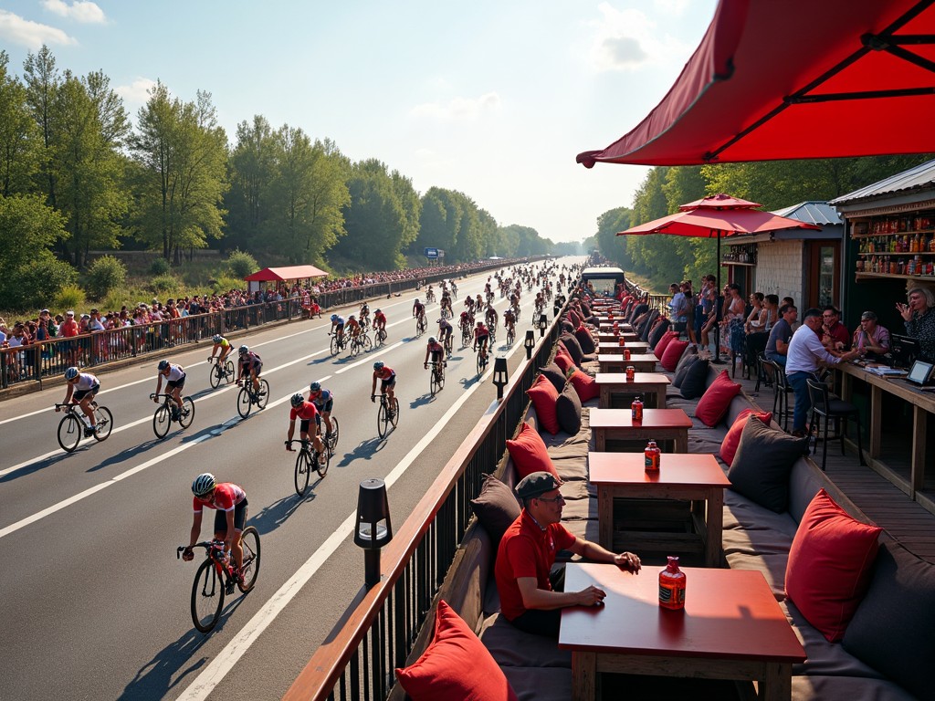 The image depicts a vibrant cycling event taking place on a highway. Several cyclists are racing past, showcasing their dynamic movement and energy. In the foreground, there's a cozy outdoor seating area with red cushions and tables, filled with spectators enjoying the view. The scene is set on a sunny day, with trees lining both sides of the highway. The atmosphere is lively and community-oriented, capturing the spirit of outdoor sports and leisure.