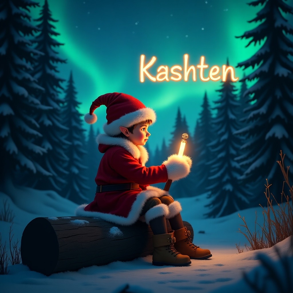 Elf in a red and white outfit sits on a log in a snowy forest. Elf holds a glowing wand. Night sky features northern lights and the word 'Kashten'.