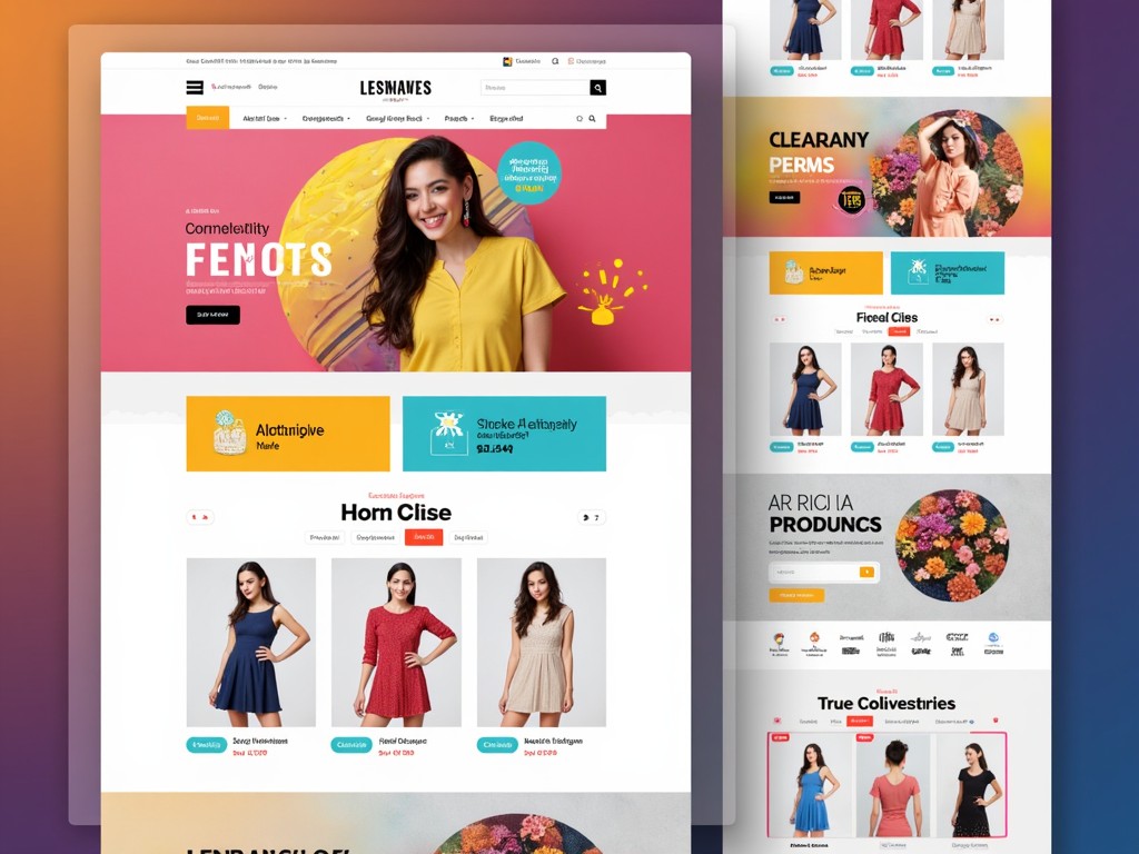 This image displays a vibrant and colorful e-commerce website design focused on fashion apparel. The homepage features a prominent navigation menu and highlighted product sections. Bright colors, including pink and yellow, attract attention while showcasing various women's clothing items. Promotional banners are present to engage shoppers. User-friendly design elements help improve the shopping experience. The layout is visually appealing and aimed at attracting a modern audience.