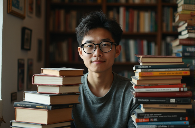 A person with glasses is surrounded by stacks of books in a cozy library setting.