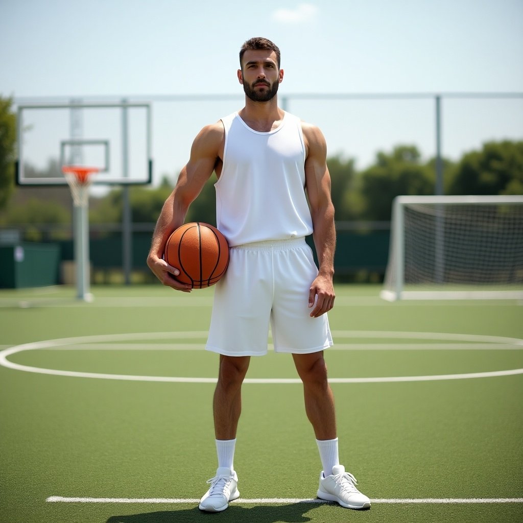 A young male athlete stands confidently holding a basketball under his arm. He is dressed in a white sleeveless sports outfit, complemented by white sneakers and socks. The background is minimalist, with a focus on his well-defined muscles and the basketball. The scene captures the essence of an athletic environment, featuring sports goals in the background. The sunny outdoor setting enhances the dynamic and engaging nature of the image.