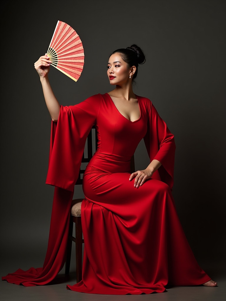 A woman dressed in a striking red gown is elegantly posing on a chair. She holds a decorative fan in one hand. The photo captures the essence of a classic dancer. The focus is on the luxurious fabric and the detailed pose. The background is dark to accentuate the vibrant colors. Artistic elements draw from cultural traditions and performance aesthetics.