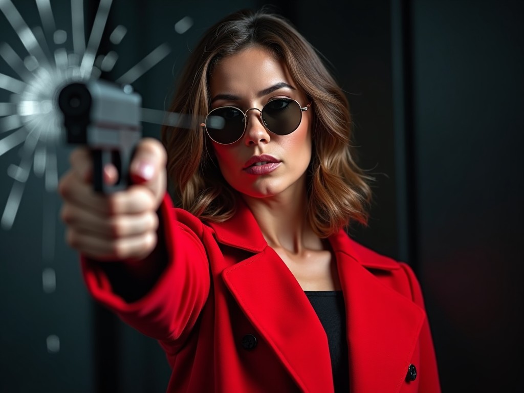 A woman in a red coat and sunglasses pointing a gun towards the camera, with a shattered glass effect in the background.