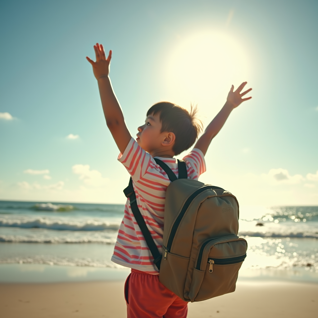 A child with outstretched arms enjoys the sun on a beach while wearing a backpack.