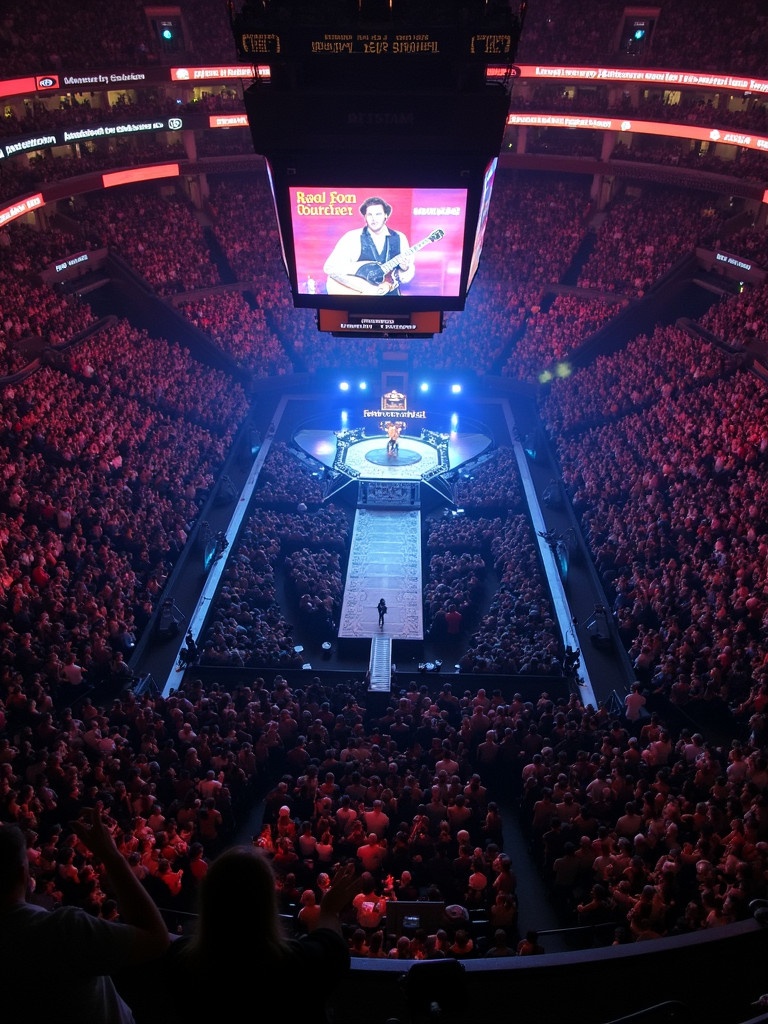 Roddy Rich concert at Madison Square Garden. View from above highlighting T stage with runway. Large crowd enjoying the show. Bright lights illuminating the artist and stage.