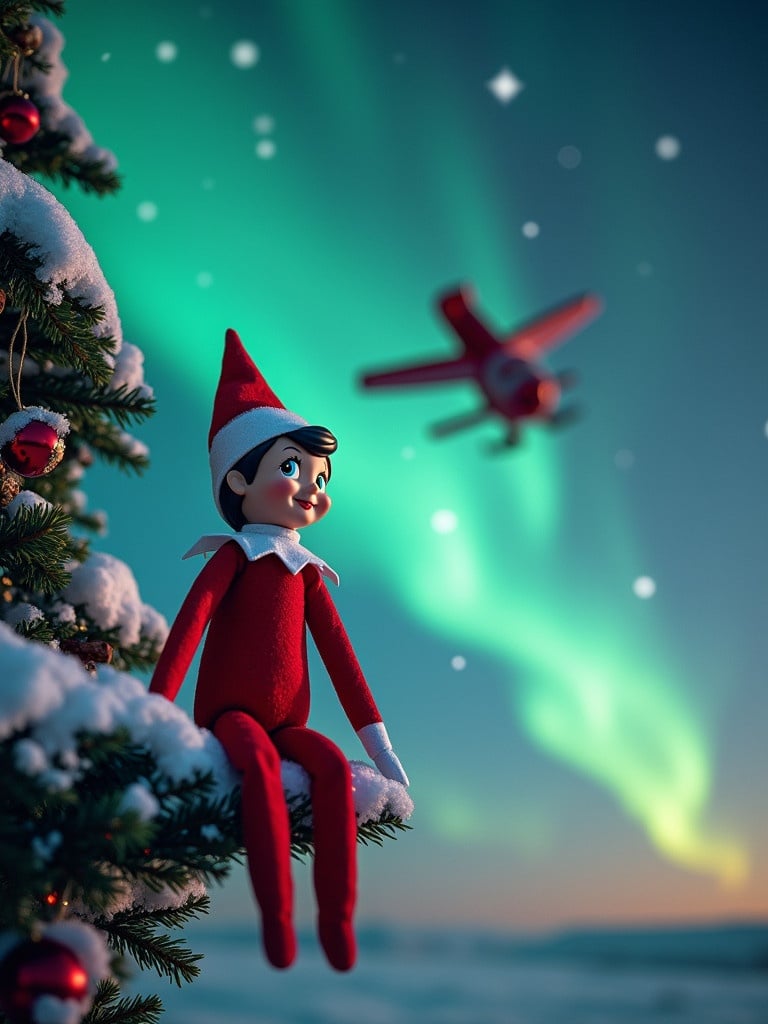 Elf doll sits on branch of Christmas tree under vibrant northern lights. Tiny airplane is visible in sky. Snow-covered branches frame the scene. A sense of magic fills the air with festive holiday spirit.