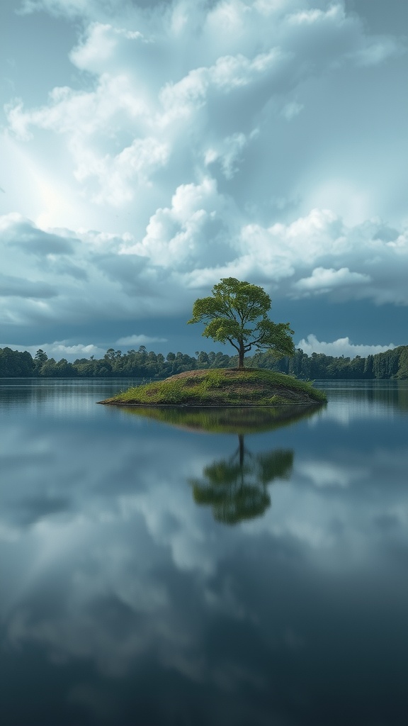 A lone tree on a small island is reflected in the calm waters beneath a dramatic, cloudy sky.