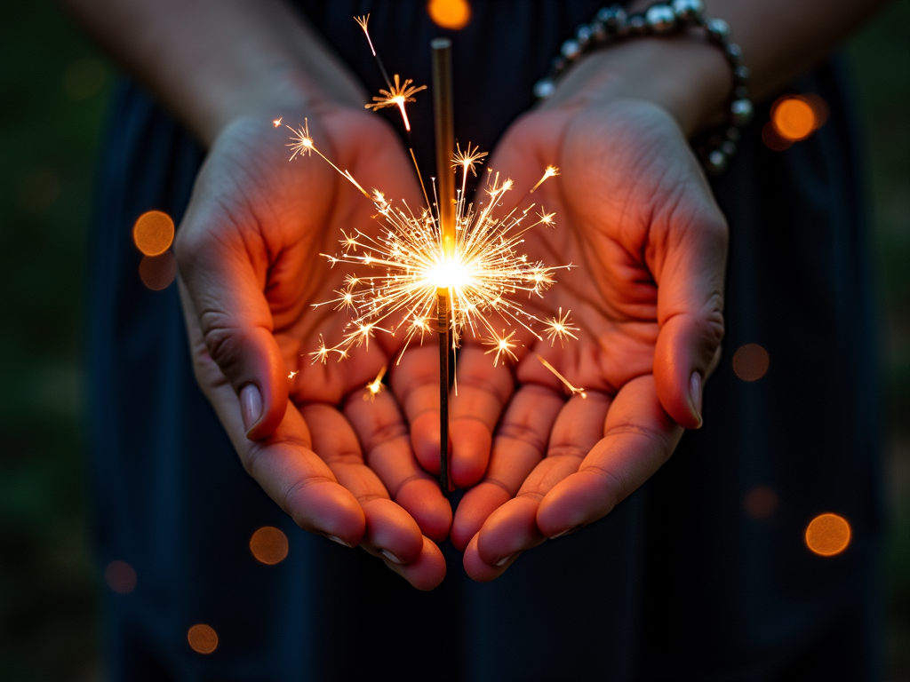 A person holds a bright, glowing sparkler cupped in their hands against a dark, blurred background.