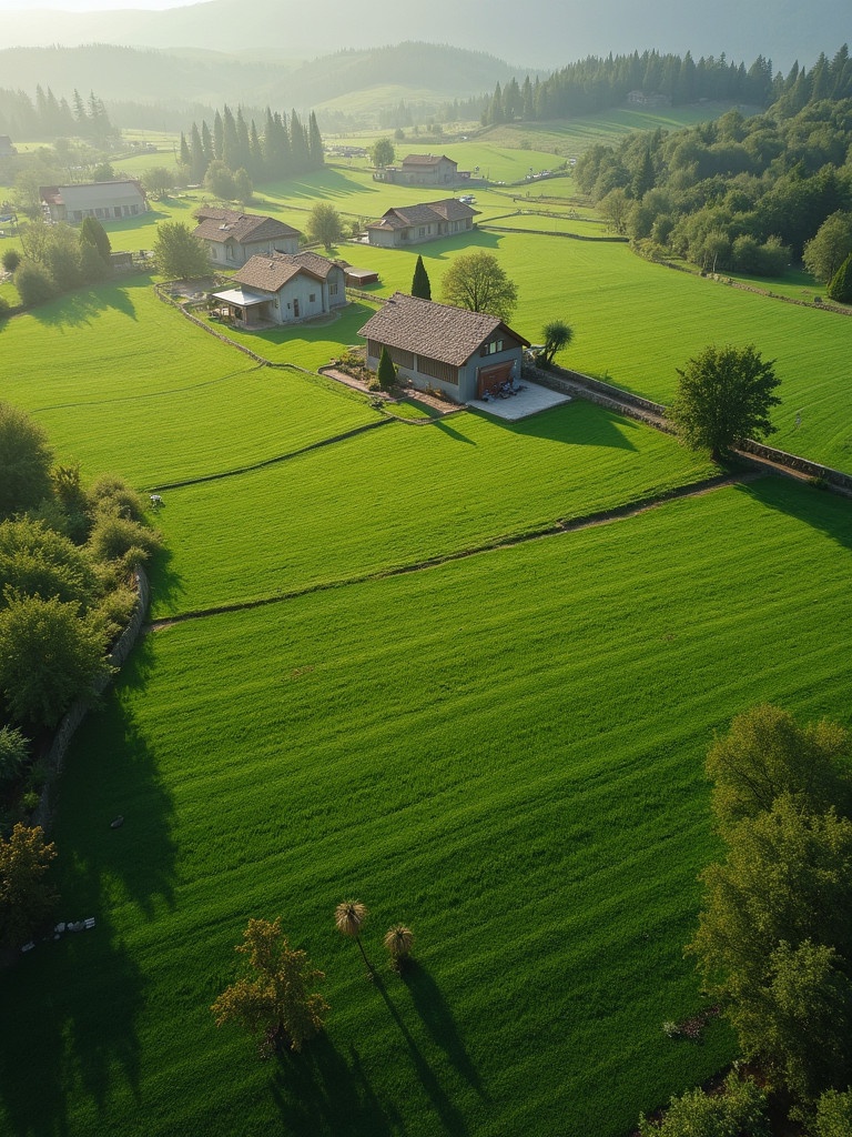 Aerial shot captures a farm in Pakistan. Lush green fields surround a central farmhouse. The scene shows neatly organized land patterns. Morning light enhances the vivid green color of the fields. This picturesque landscape illustrates the beauty of rural life.