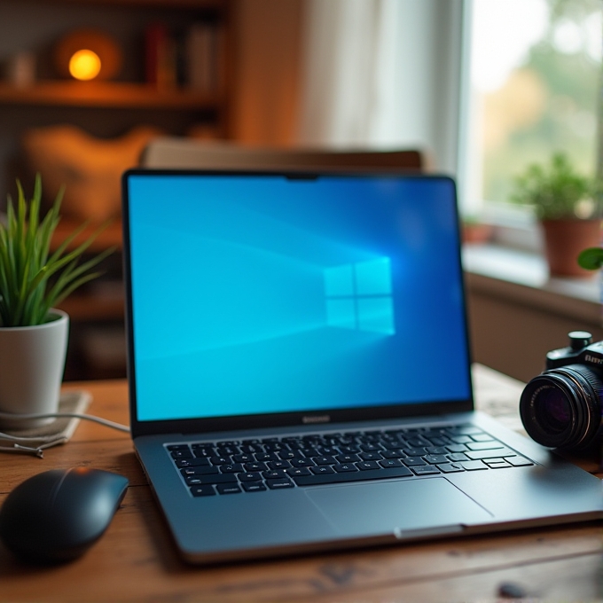 A cozy setup featuring a laptop displaying a minimalist Windows background, surrounded by a plant, a camera, and warm ambient lighting in a softly blurred home setting.