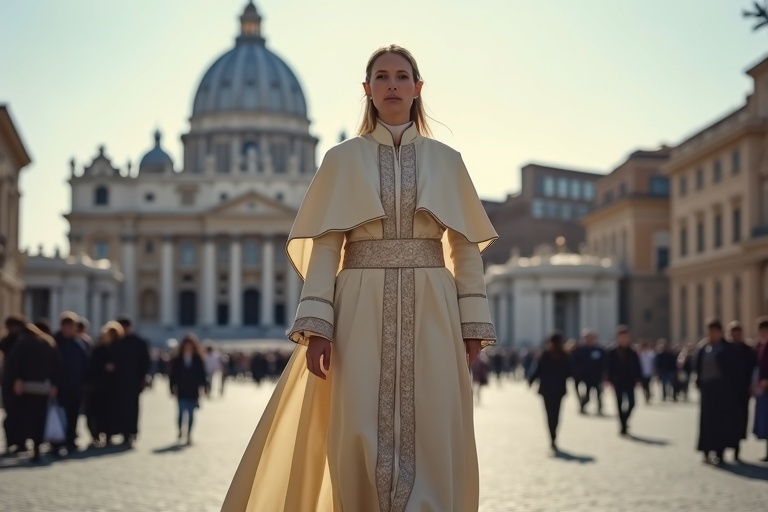 Woman dressed in papal attire walking through Saint Peter's Square in the Vatican