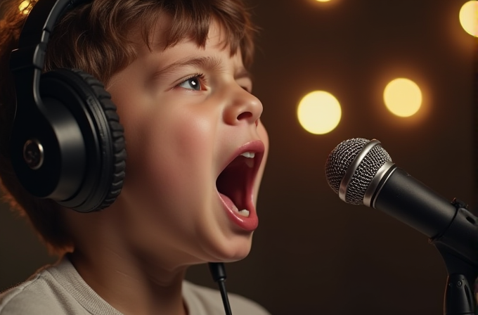 A young child enthusiastically sings into a microphone while wearing headphones.