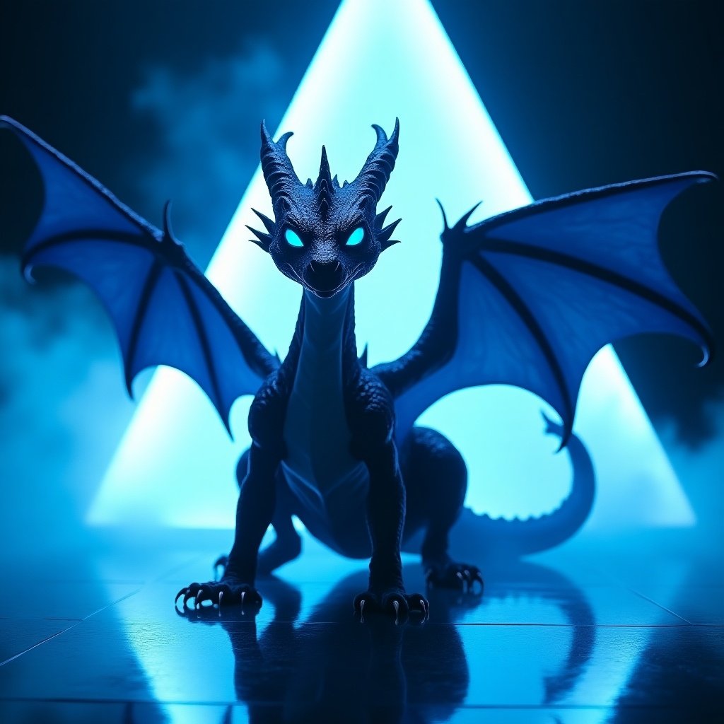 A majestic dragon poses on a futuristic stage. Powerful body highlighted by vivid blue lighting. Dragon has captivating blue eyes. Behind, a triangular structure emits a mystical aura. Background features mist and soft shadows. Overall atmosphere combines grace with a cinematic vibe.