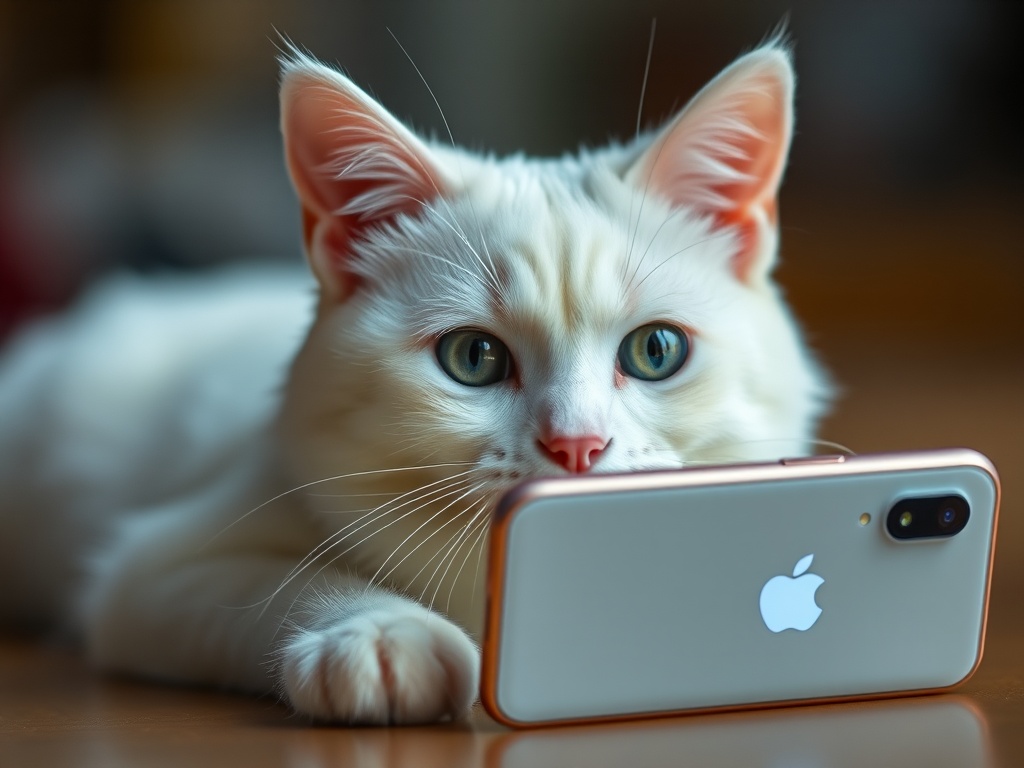 A fluffy white cat intently gazes at a smartphone with an Apple logo.