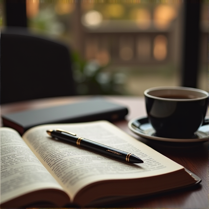 An open book with a pen resting on it lies on a table beside a black coffee cup in a cozy, softly lit café.