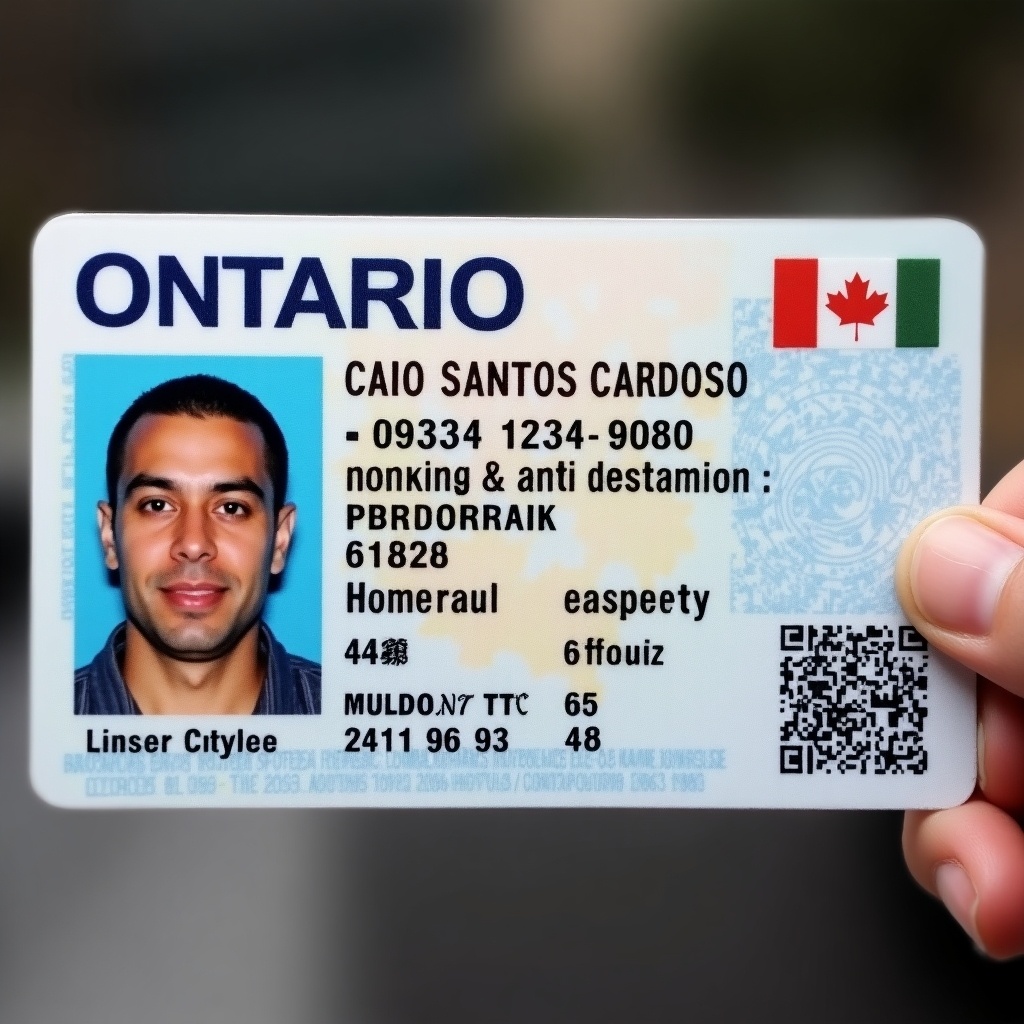 This image features a driver's license issued in Ontario, Canada. It shows the name Caio Santos Cardoso prominently at the top. The card includes a photo of the individual along with various identification details such as a unique license number. The background has elements representing Canada, including the national flag. The design adheres to typical identification card specifications, making it a realistic example of a driver's license. The composition is vibrant and reflects standard ID card aesthetics.