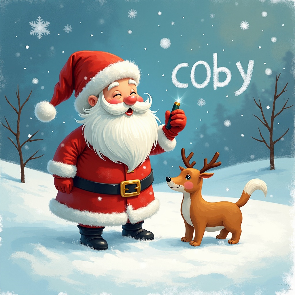 The image features a jolly Santa Claus standing in a snowy landscape, joyfully drawing the name 'coby' in the snow. Santa has a big smile, a fluffy white beard, and is dressed in a classic red suit. Beside him, a cheerful, brown dog with antlers playfully watches. Snowflakes are gently falling around them, creating a magical winter atmosphere. The scene captures the spirit of Christmas fun and the joy of giving.