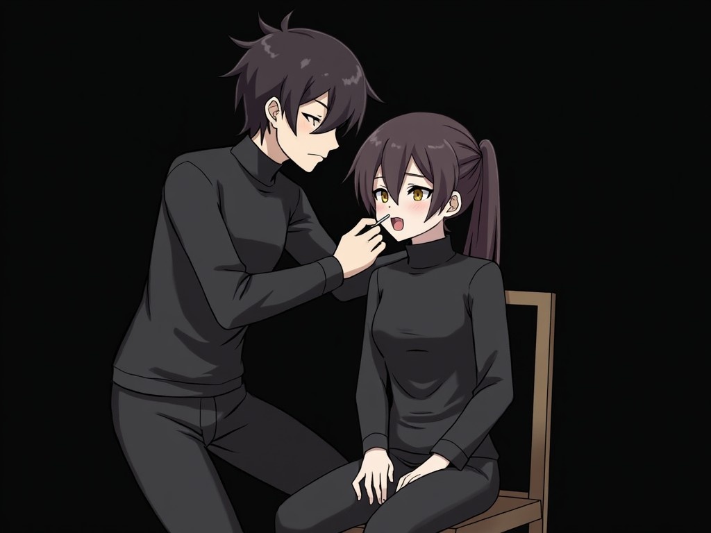 The scene features two stylized characters against a dark background. One character is seated with their hands tied behind a chair, showcasing a confident expression. The other character leans close, holding a slender object near the seated person’s face. Both characters are dressed in matching all-black outfits, highlighting their defined features. The interaction seems intense, suggesting a moment filled with tension or drama.