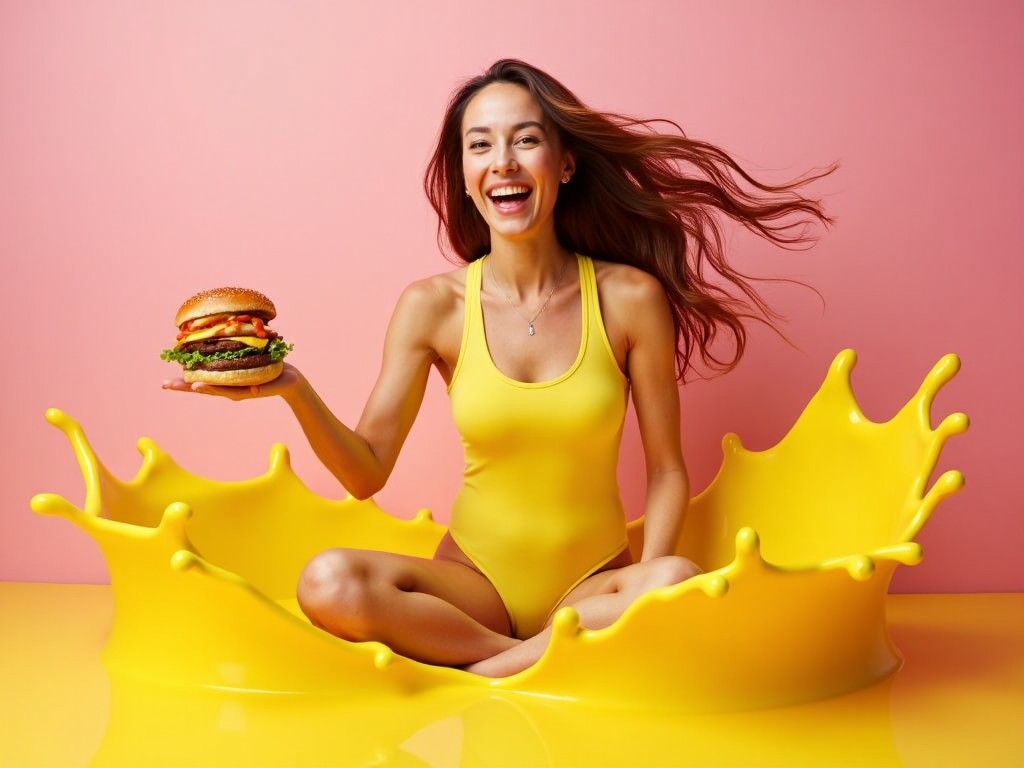 A joyful woman wearing a bright yellow swimsuit is sitting in a splash of yellow liquid, holding a delicious-looking hamburger. Her long hair is flowing in the air, emphasizing the playful mood of the image. The background is pink, creating a vibrant contrast with the yellow. The scene is well-lit, enhancing the bright colors and cheerful expression of the woman. This image perfectly captures a fun and energetic atmosphere, ideal for food-related promotions.