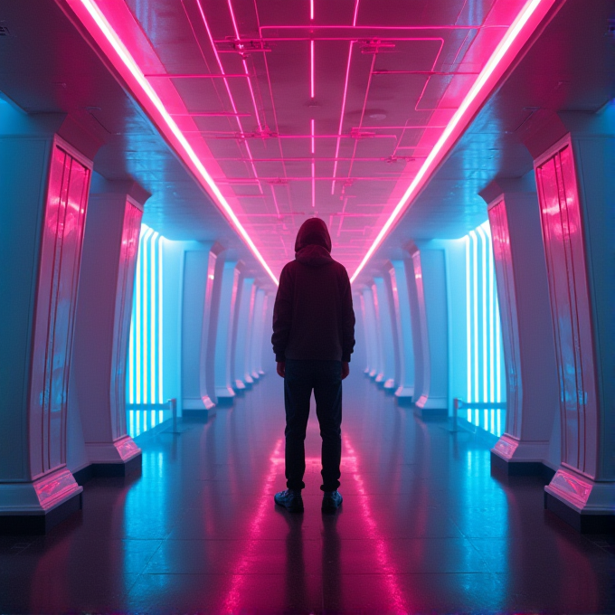 A solitary figure in a hoodie stands in a futuristic corridor illuminated by vibrant pink and blue neon lights.