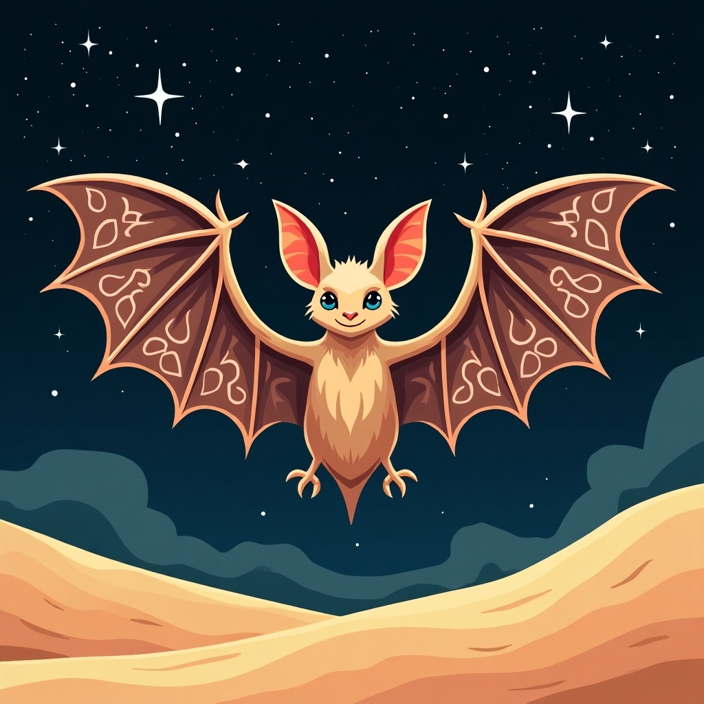 Illustration of a cute bat with large ears and wings spread in a starry night sky. The bat has a friendly expression and is set against a desert background.