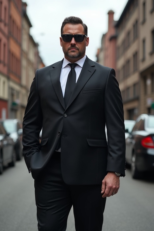 A man stands confidently in an urban area wearing a fitted black suit and tie. He embodies authority and style with sunglasses and a strong posture. The setting includes urban buildings and parked cars creating a dramatic ambiance. The day appears slightly overcast, adding to the moody atmosphere.