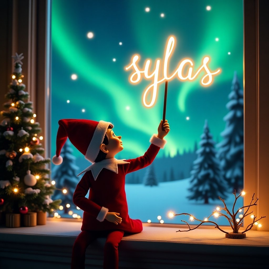 Enchanting Christmas scene with an elf on the shelf. Elf faces the sky with a magic wand. Writing 'sylas' in glowing script. Backdrop includes vibrant northern lights. Scene is festive and whimsical.