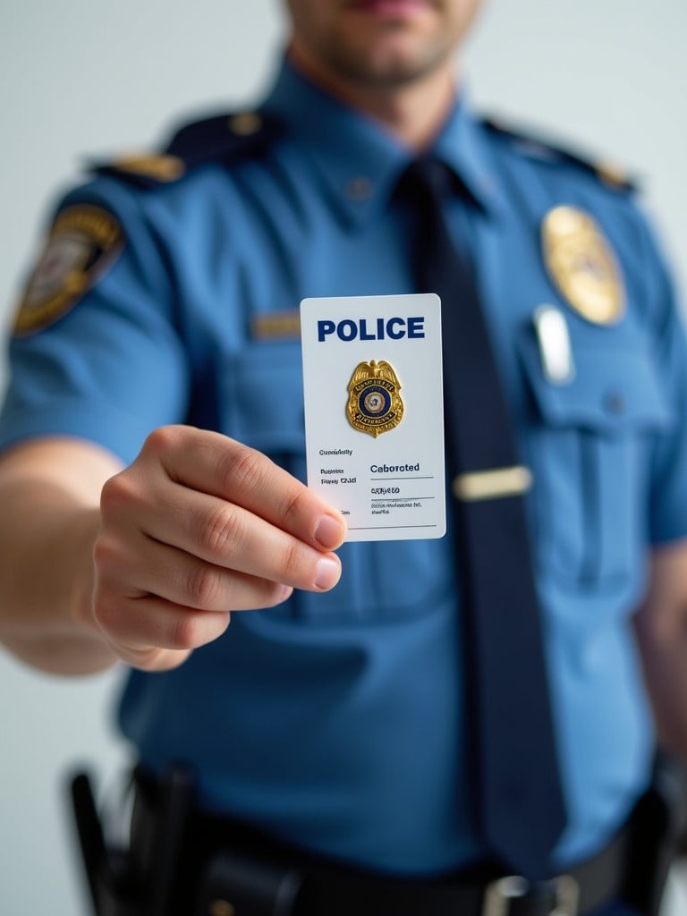 Officer holds a police identification card. Card displays a clear police logo. Officer wears blue uniform attire. Background is plain to focus on the ID card. ID card shows identifying information.