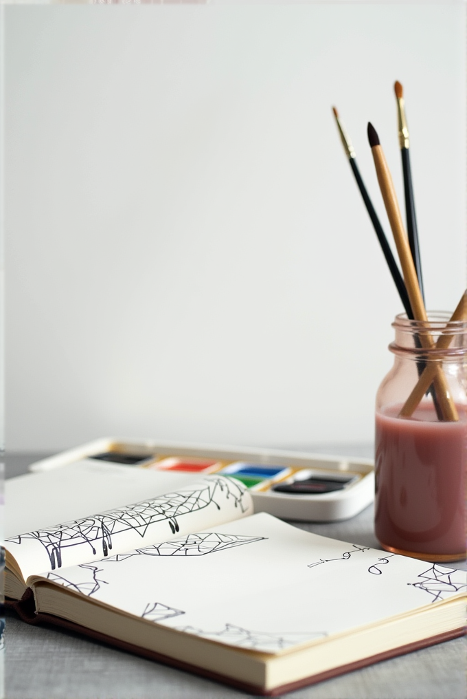 An open sketchbook with abstract drawings sits on a table beside watercolor paints and paintbrushes in a jar.