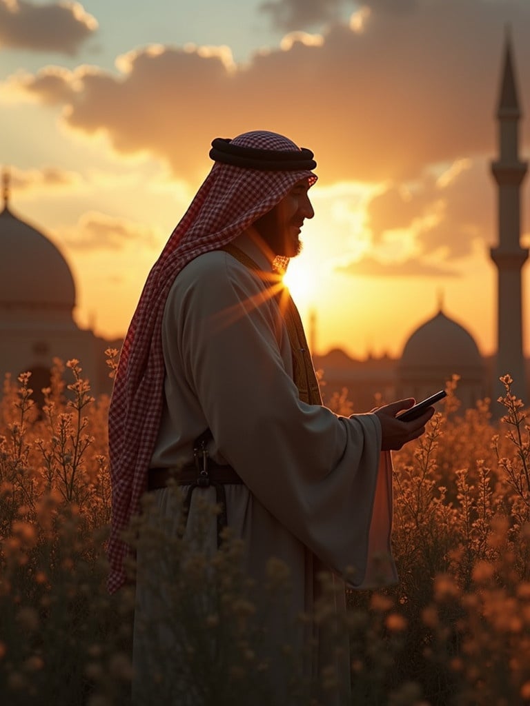 A silhouette of an Arab man stands in a field of flowers during sunset. He is holding a phone with mosque domes and a minaret in the background. The scene reflects a blend of tradition and modernity.