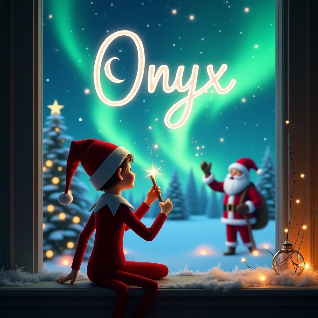 An enchanting scene featuring an elf on the shelf, who is sitting with his back to the viewer, gazing at the sky. He is using a magic wand to write the name 'Onyx' in sparkling letters within an array of northern lights. In the background, Santa Claus is joyfully watching from the snowy landscape, completing this festive setting. The room is decorated with a Christmas tree, and soft twinkling lights add to the magical ambiance. This image captures the essence of holiday wonder and joy, perfect for spreading Christmas cheer.