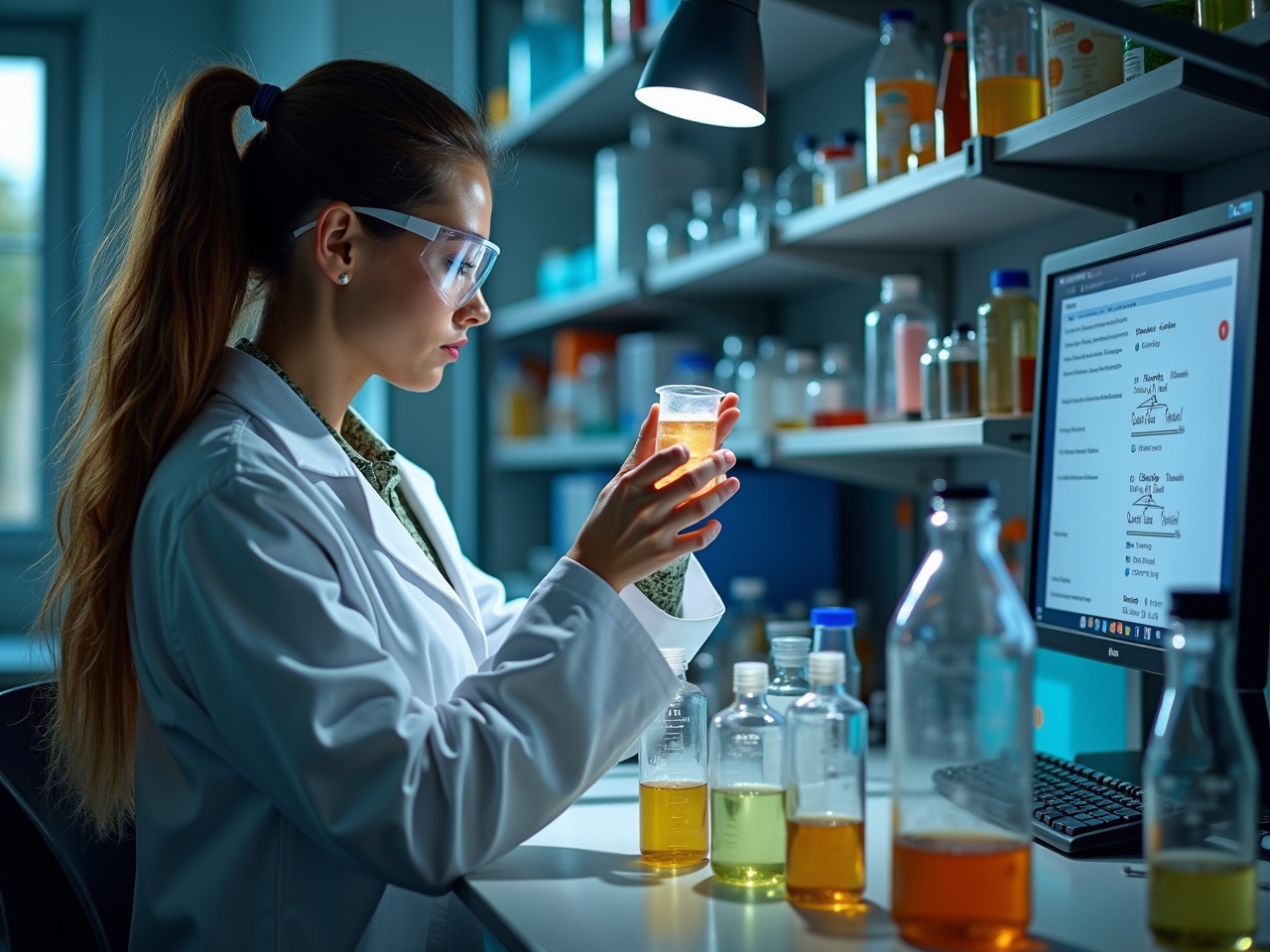 In a modern lab filled with various scientific equipment, a person is creating a new shampoo formula. They are wearing a lab coat and safety goggles while carefully measuring ingredients in beakers. Bright overhead lights illuminate the space, highlighting the colorful bottles and jars on a nearby shelf. A computer screen displays the current formulation being used, showing precise measurements and chemical components. It’s a lively environment, filled with the hum of machines and the faint scent of essential oils.