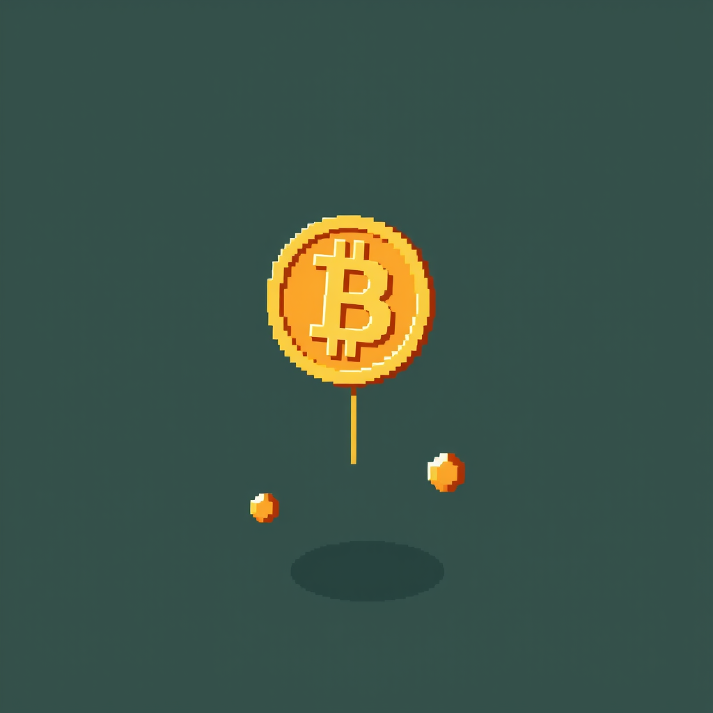 A pixel art representation of a floating Bitcoin coin with a green background.