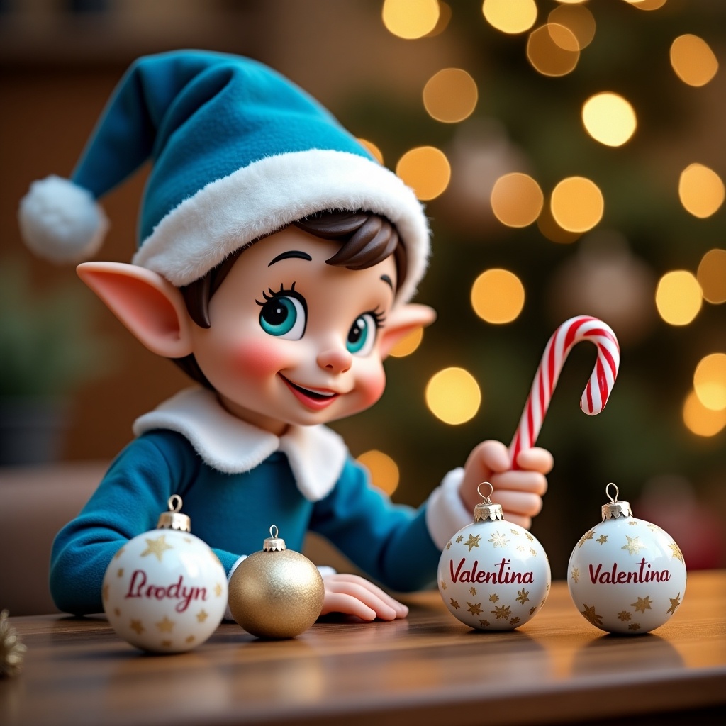 This image showcases a charming Christmas elf dressed in cheerful blue attire, complete with a hat. The elf is focused on writing names on beautiful decorative baubles, holding a red and white candy cane. With a playful expression, the elf sits at a wooden table surrounded by festive decorations. In the softly lit background, a Christmas tree adorned with twinkling lights adds to the magical atmosphere. The scene evokes holiday cheer and a sense of delightful anticipation as delightful names like 'Landyn' and 'Valentina' are lovingly crafted into the air by the elf's wand.