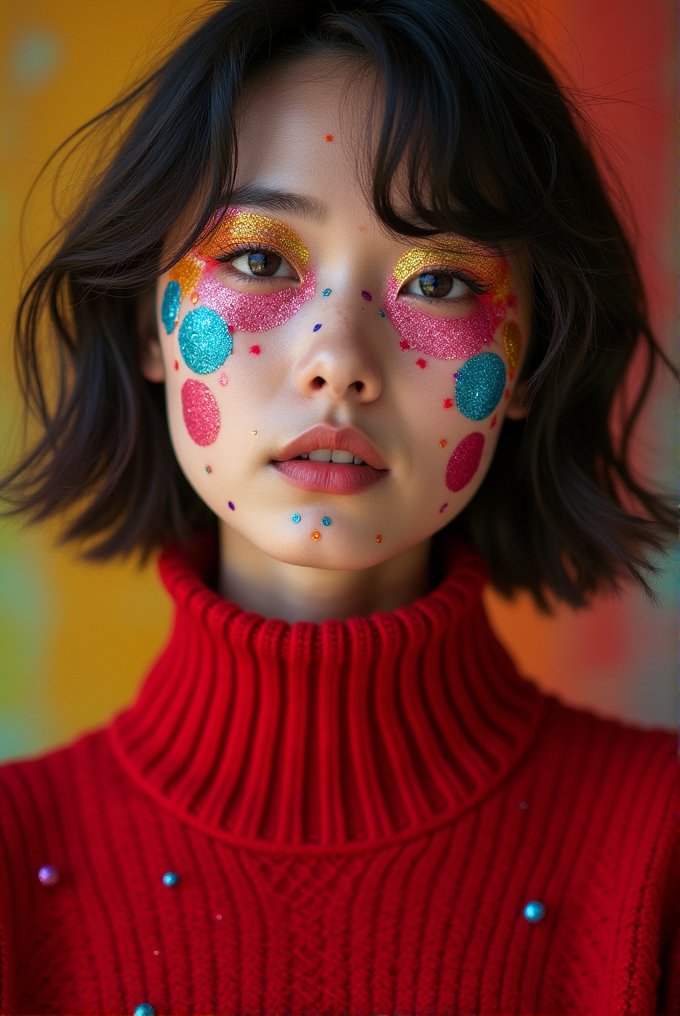 A person with colorful, glittery makeup on their face, wearing a red turtleneck sweater, set against a colorful backdrop.