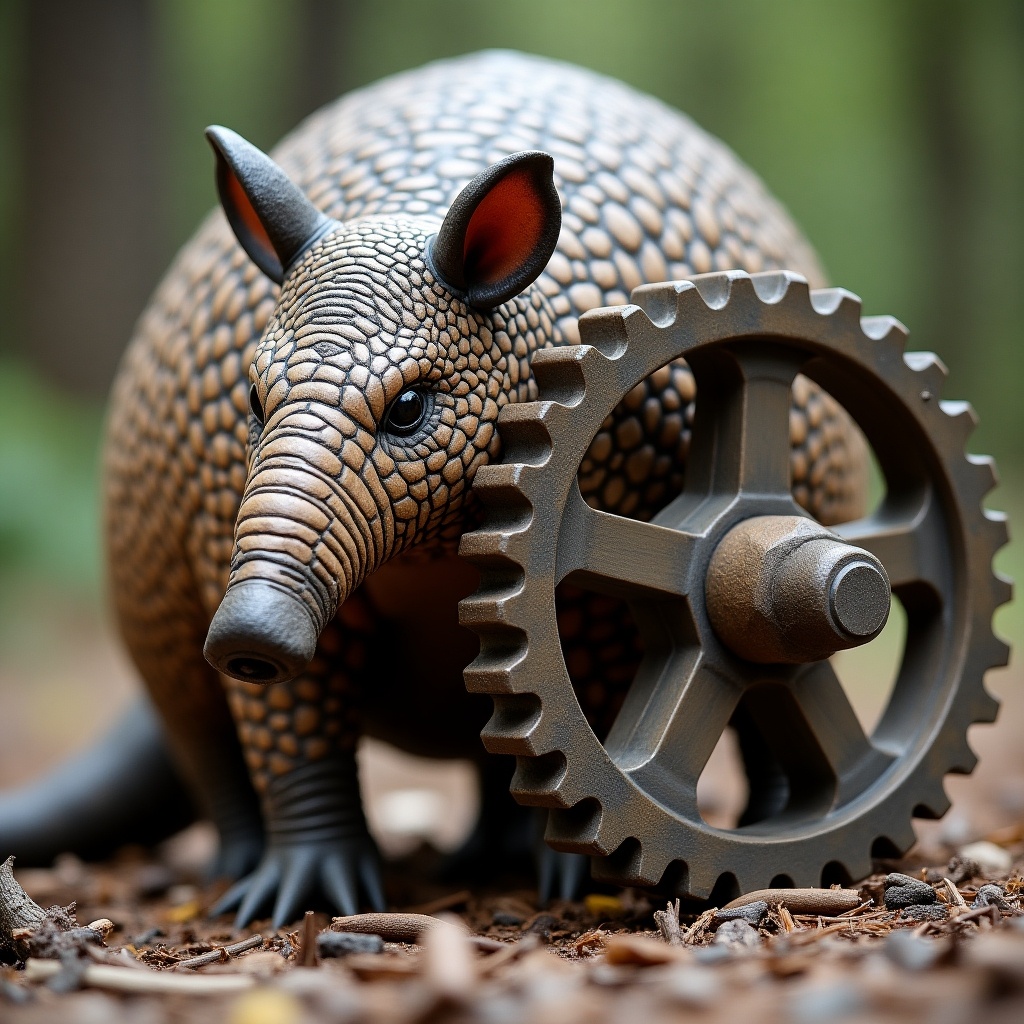 This image features a detailed armadillo interacting with a gear wheel in a forest setting. The armadillo has a textured skin that mimics natural patterns, while the gear wheel is made to blend in with its surroundings. The composition highlights the contrast between the natural and mechanical elements. Soft, diffused light creates a serene atmosphere, enhancing the intricate details of the armadillo. This scene evokes curiosity about the relationship between wildlife and technology.