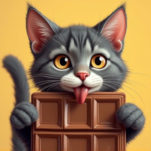 Illustration of a cute cat holding a chocolate bar. The cat has chocolate smudges around the mouth. Background is plain and simple.