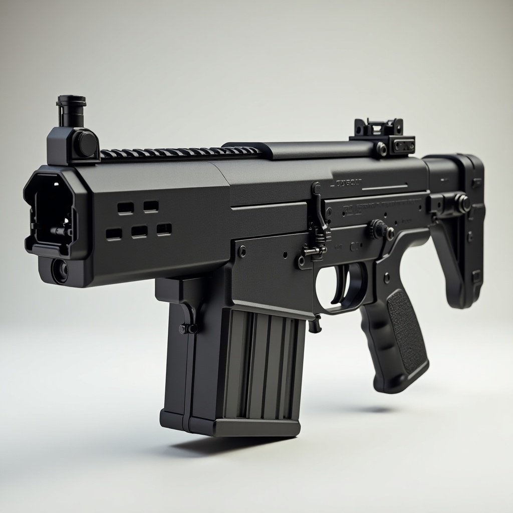 A unique modern realistic LMG. Features a 100 round case magazine. The design is sleek and tactical.