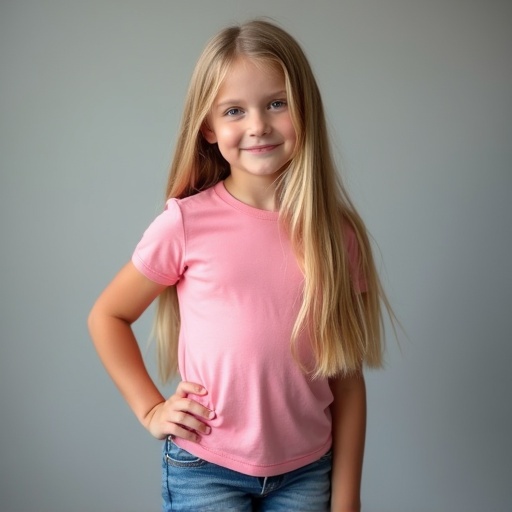 Image of a seven-year-old girl wearing a pink t-shirt and denim shorts. She has long blonde hair. The background is soft gray. The lighting is soft and inviting. The girl poses relaxed with one hand on her hip.