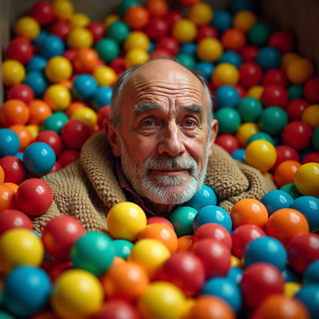 An older man smiling while sitting in a pool of colorful plastic balls.