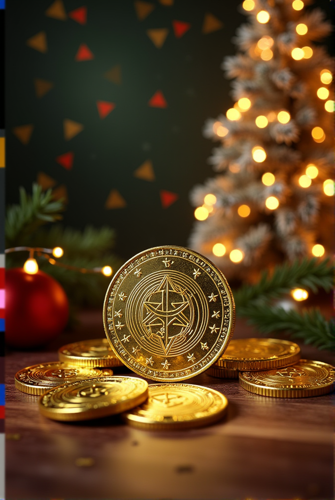 A festive scene featuring several gold coins with intricate designs, placed on a wooden surface in front of a decorated Christmas tree adorned with colorful lights and ornaments.