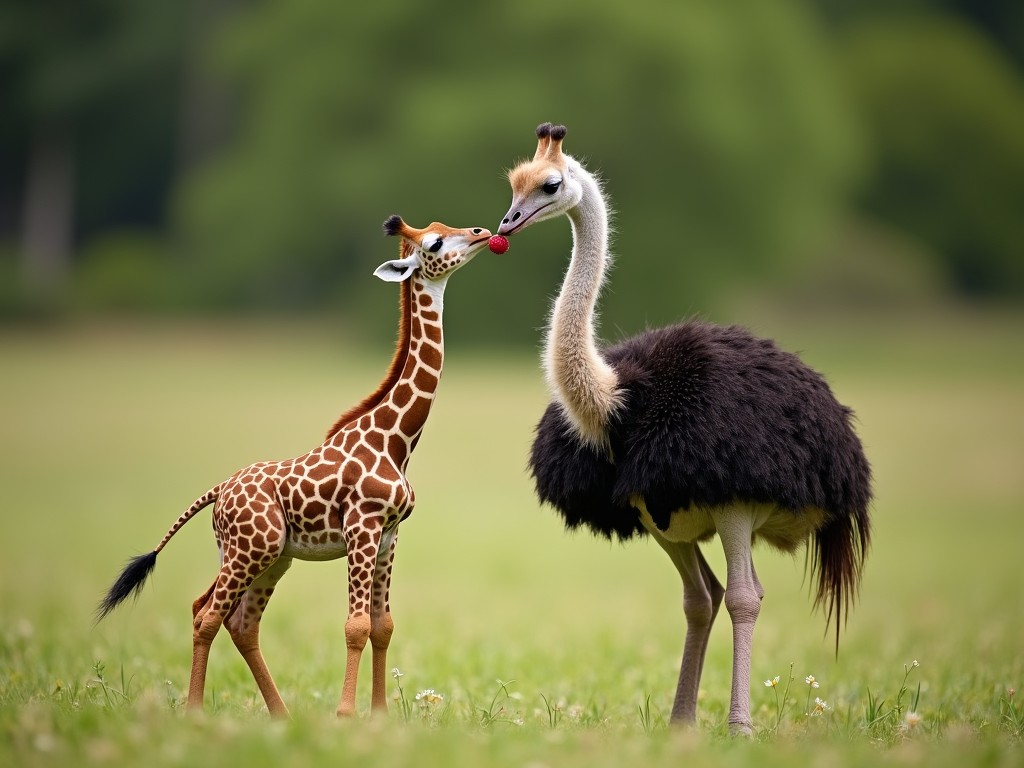 In a lush, green meadow, a young giraffe and an ostrich stand closely together, sharing an intimate moment. The giraffe's spotted coat contrasts with the ostrich's fluffy black and white feathers. The two animals, despite their differences in species, appear connected in a serene natural setting.