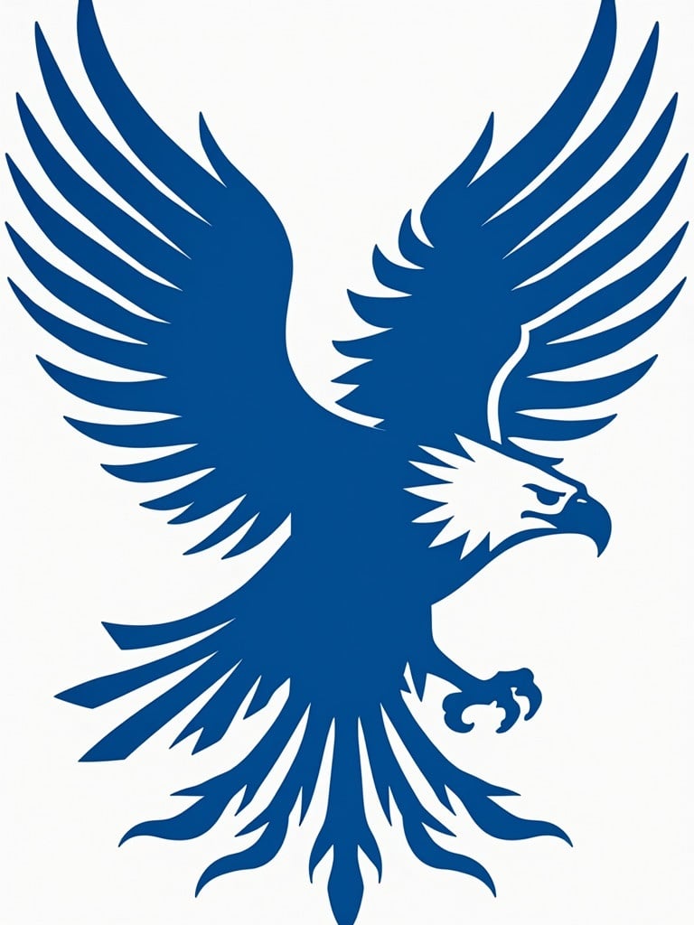 Logo of an Alaskan eagle in blue and white colors. Eagle has thunderous wings. Design features an eagle in flight with detailed wings. Focus on the eagle's fierce expression and claws.