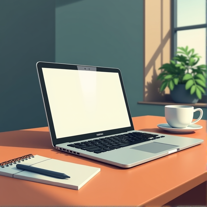 A laptop and a notebook with a pen sit on a wooden table beside a cup of coffee and a plant, in a sunlit room.