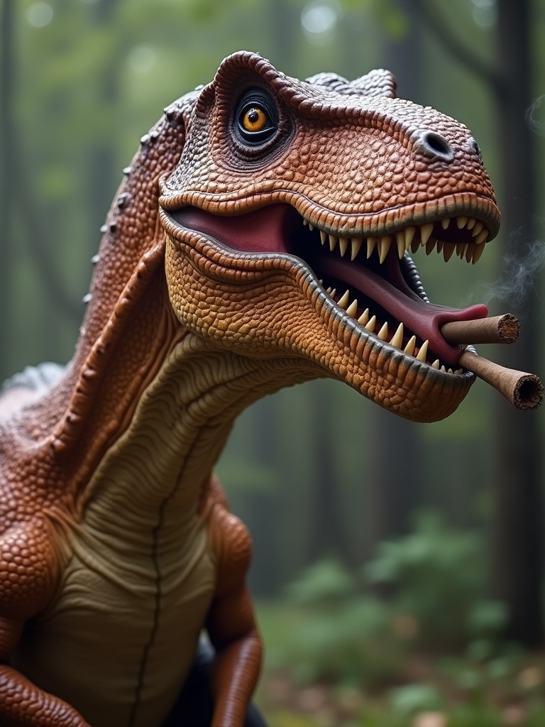 A dinosaur action figure resembling a T. rex with a cigar in its mouth. The setting is a misty forest with green foliage. The atmosphere is playful and humorous. The figure has a realistic texture and details like scales and teeth.