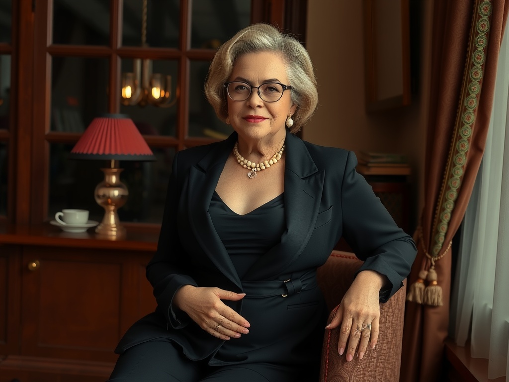 The image portrays a poised and elegantly dressed older woman sitting confidently in a cozy room. She is dressed in a sophisticated black outfit with pearls, exuding an air of wisdom and dignity. The background includes a warmly lit lamp and wooden cabinetry, adding a touch of classic charm.