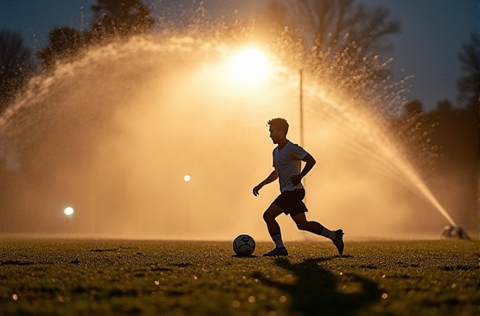 A silhouette of a soccer player dribbling a ball on a field against the backdrop of a glowing sprinkler illuminated by vibrant evening light.